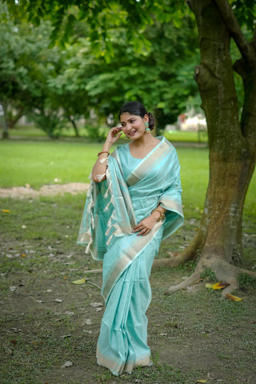 Sky Blue Soft Banarasi Raw Silk Saree