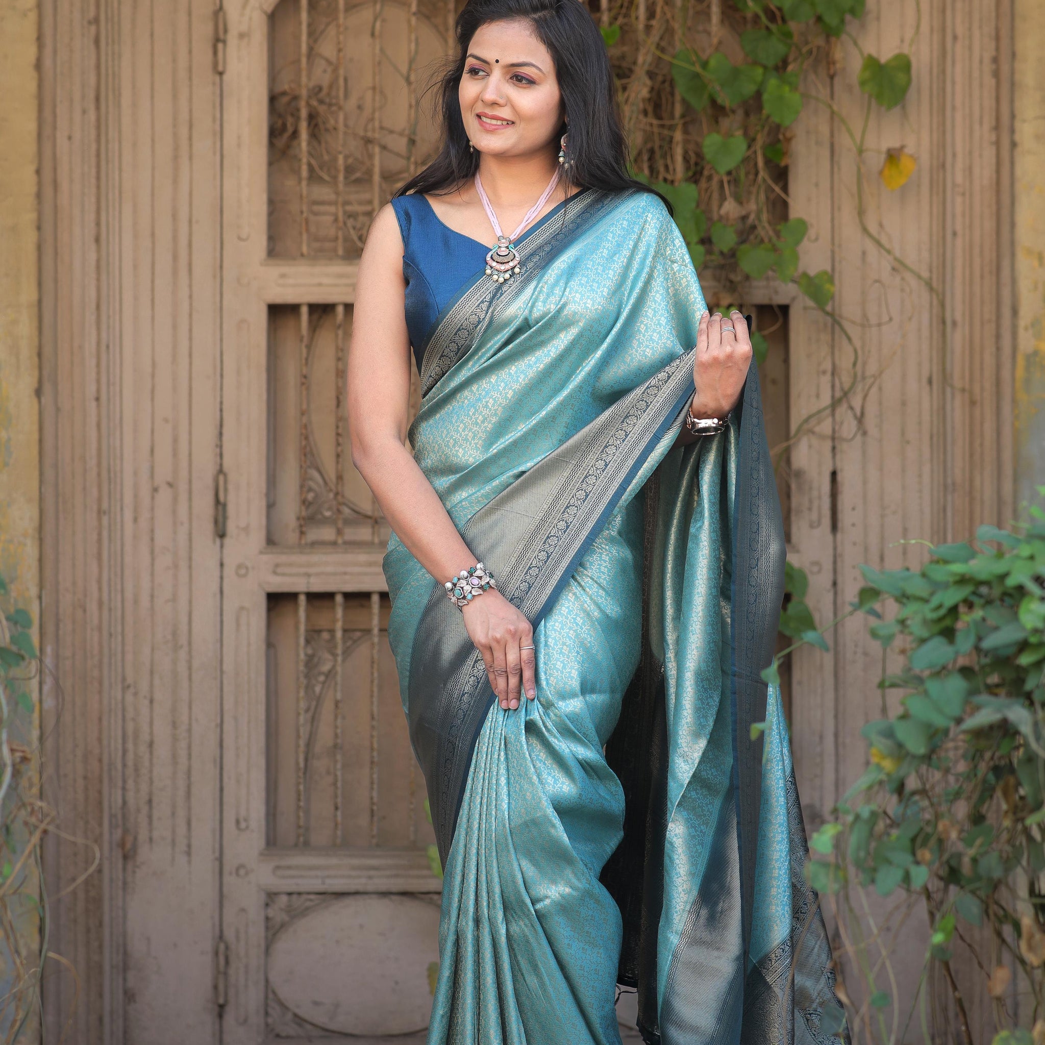 Aqua Blue Soft Silk Saree