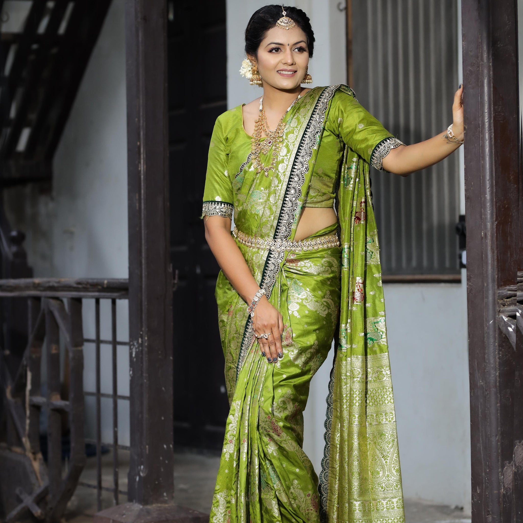 Olive Green Dola Silk Saree