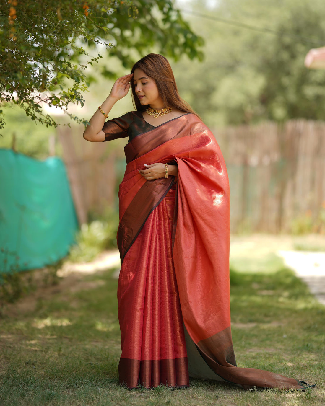 Salmon Red Kubera Pattu Kanjivaram Silk Saree