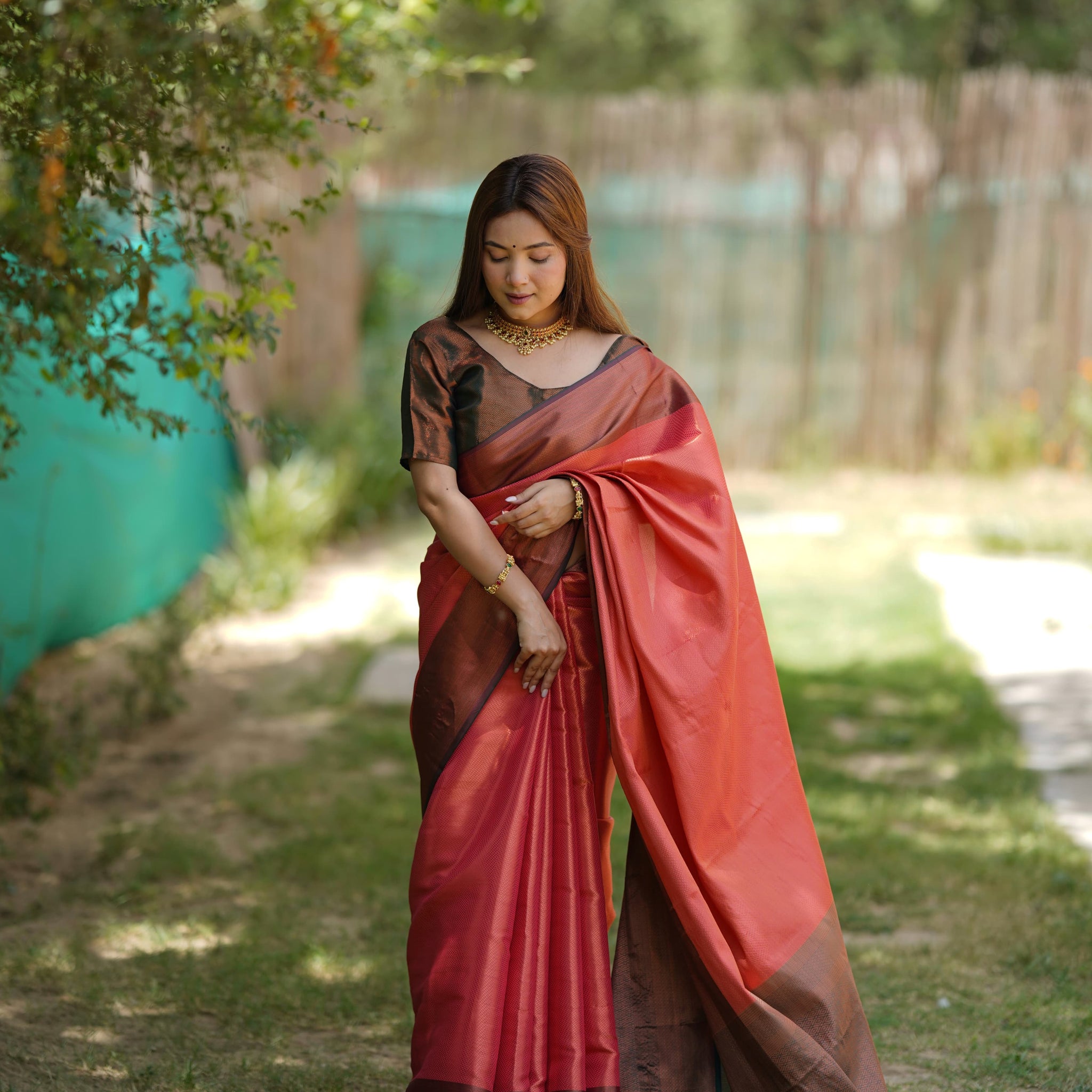 Salmon Red Kubera Pattu Kanjivaram Silk Saree