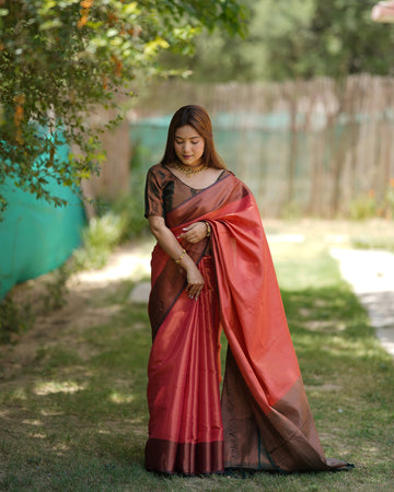 Salmon Red Kubera Pattu Kanjivaram Silk Saree