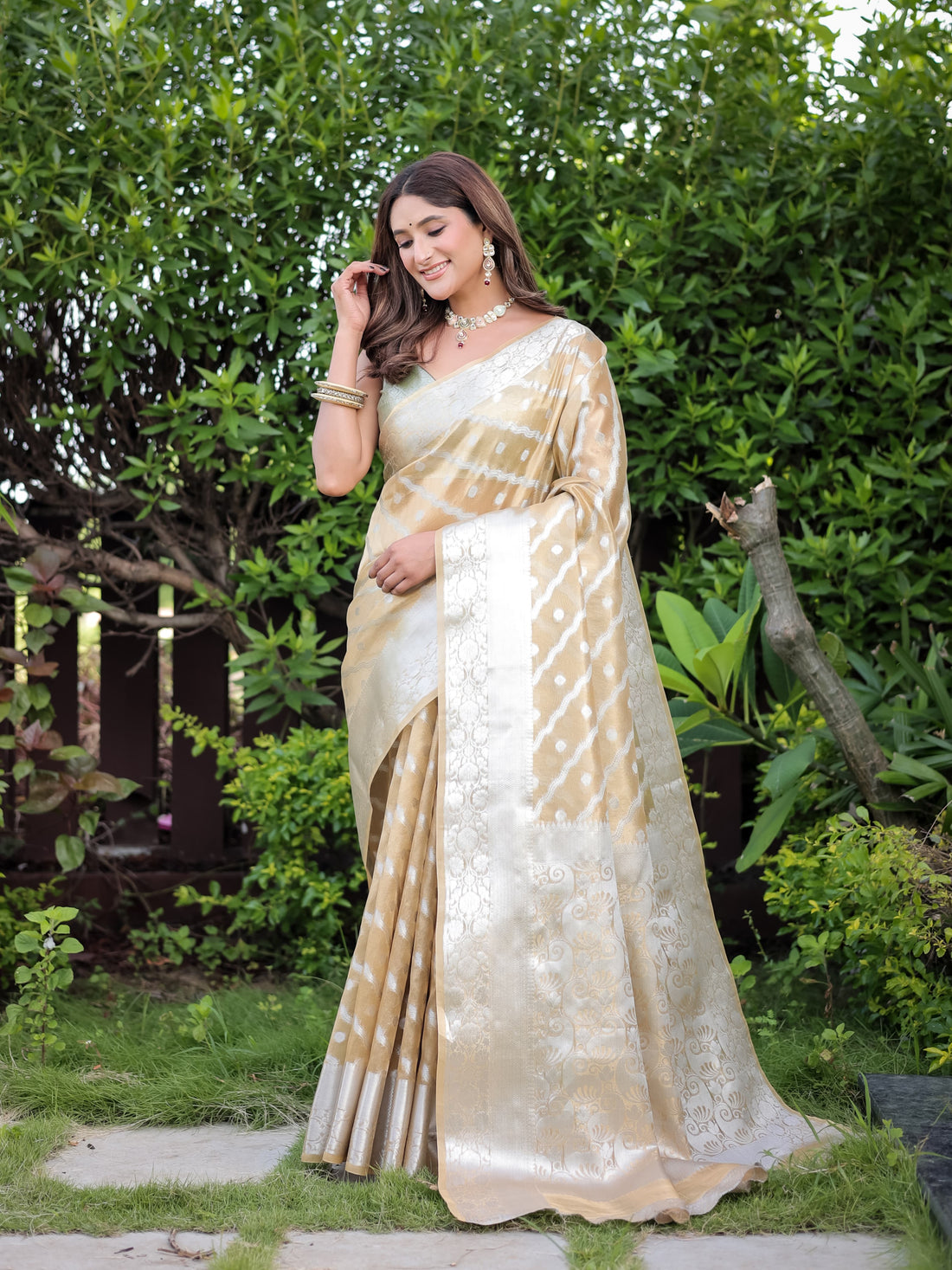 Beige Banarasi Glass Tissue Saree