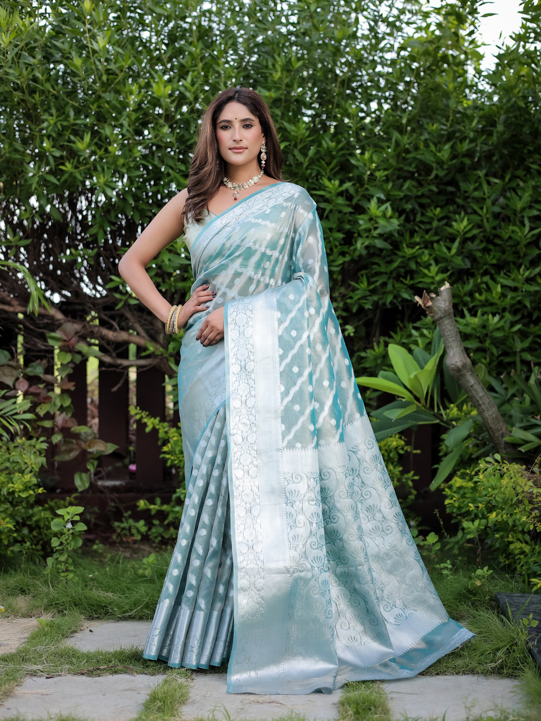 Sky Blue Banarasi Glass Tissue Saree