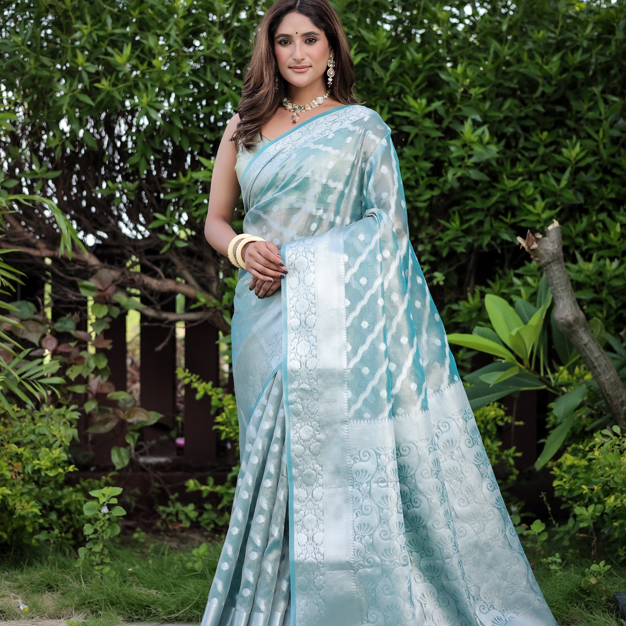 Sky Blue Banarasi Glass Tissue Saree