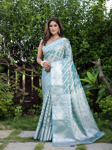 Sky Blue Banarasi Glass Tissue Saree