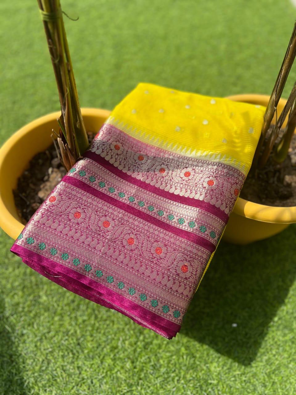 Pre- Draped Yellow Banarasi Warm Silk saree