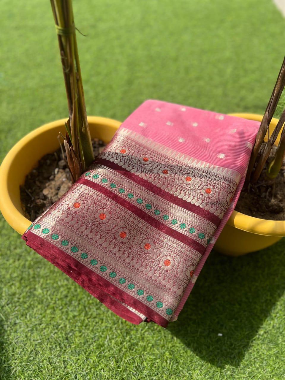 Pre- Draped pink Banarasi Warm Silk saree