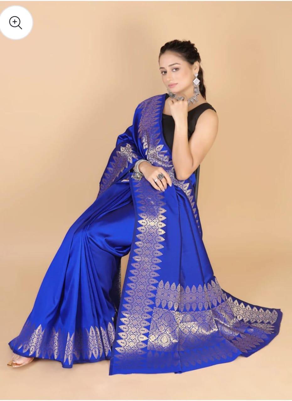 Pre-Draped Blue Katan Silk Banarasi  Saree