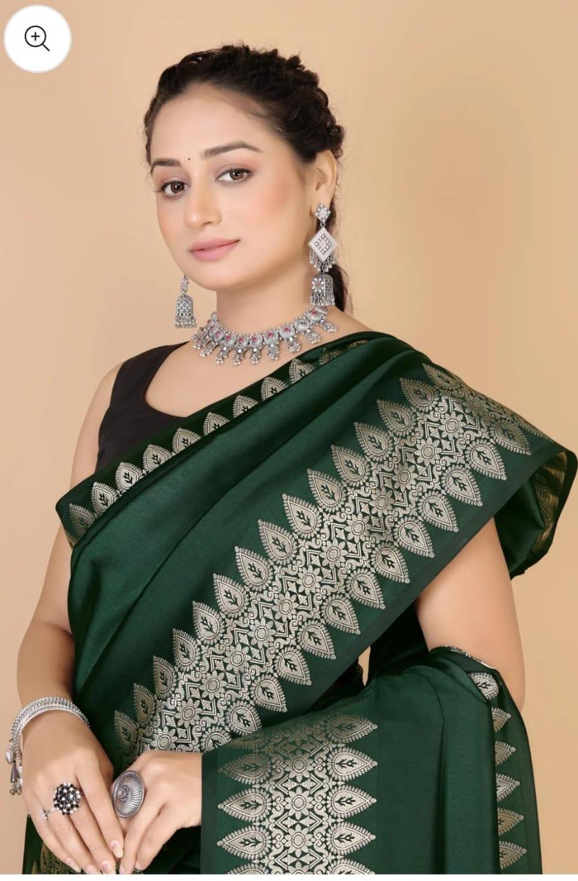 Pre-Draped Bottle Green Katan Silk Banarasi Saree