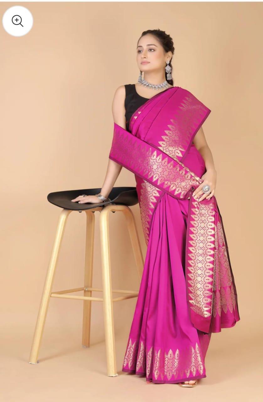 Pre-Draped Magenta Pink Katan Silk Banarasi Saree