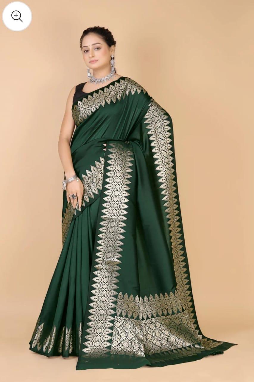 Pre-Draped Bottle Green Katan Silk Banarasi Saree