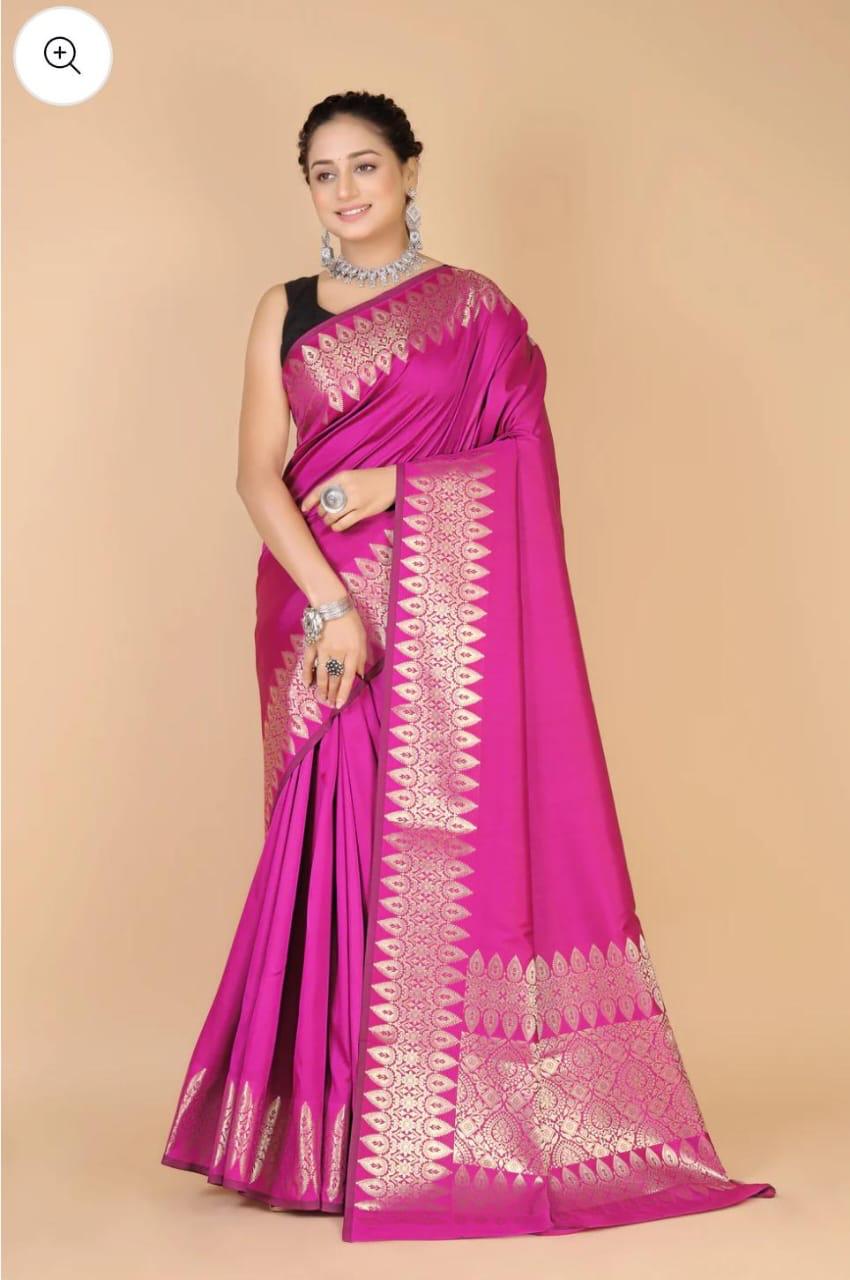 Pre-Draped Magenta Pink Katan Silk Banarasi Saree