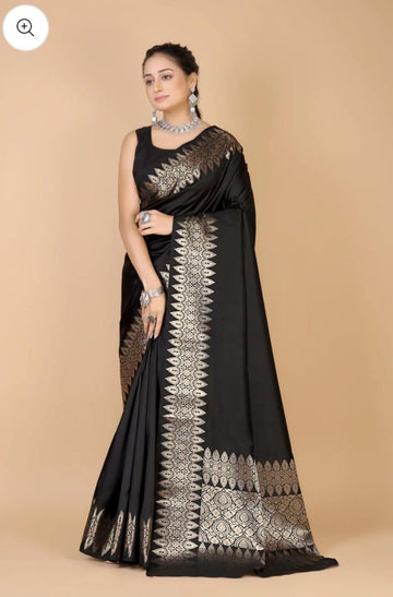 Pre-Draped Black Katan Silk Banarasi Saree