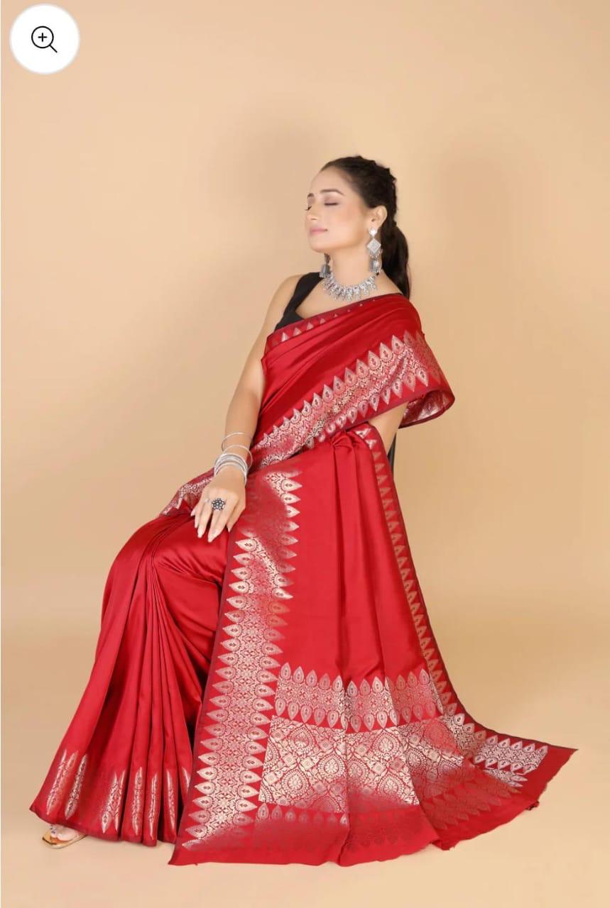 Pre-Draped Red Katan Silk Banarasi Saree