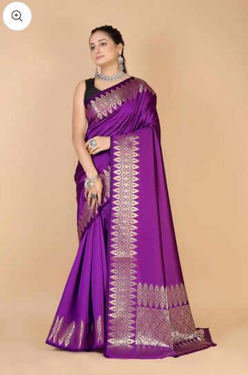 Pre-Draped Purple Katan Silk Banarasi Saree