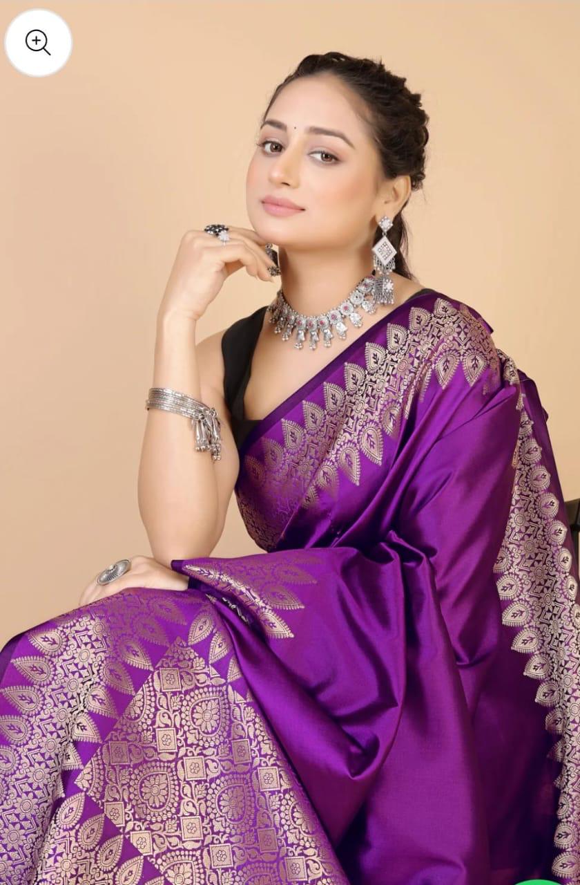 Pre-Draped Purple Katan Silk Banarasi Saree