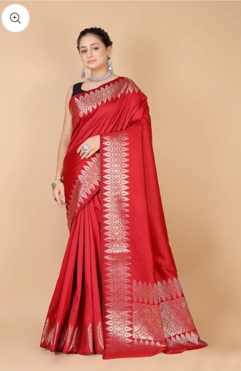 Pre-Draped Red Katan Silk Banarasi Saree