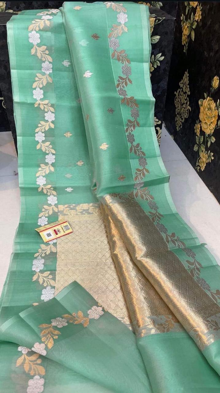 Pre-Draped Sea Green Kora Organza Banarasi Silk Saree