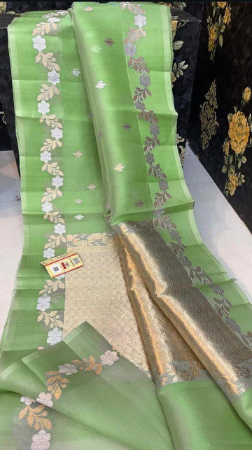 Pre-Draped Mint Green Kora Organza Banarasi Silk Saree