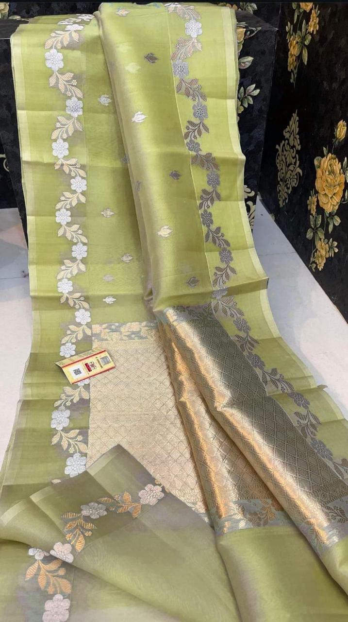 Pre-Draped Olive Green Kora Organza Banarasi Silk Saree