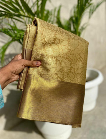 Pre-Draped Golden Banarasi Tissue Silk Saree