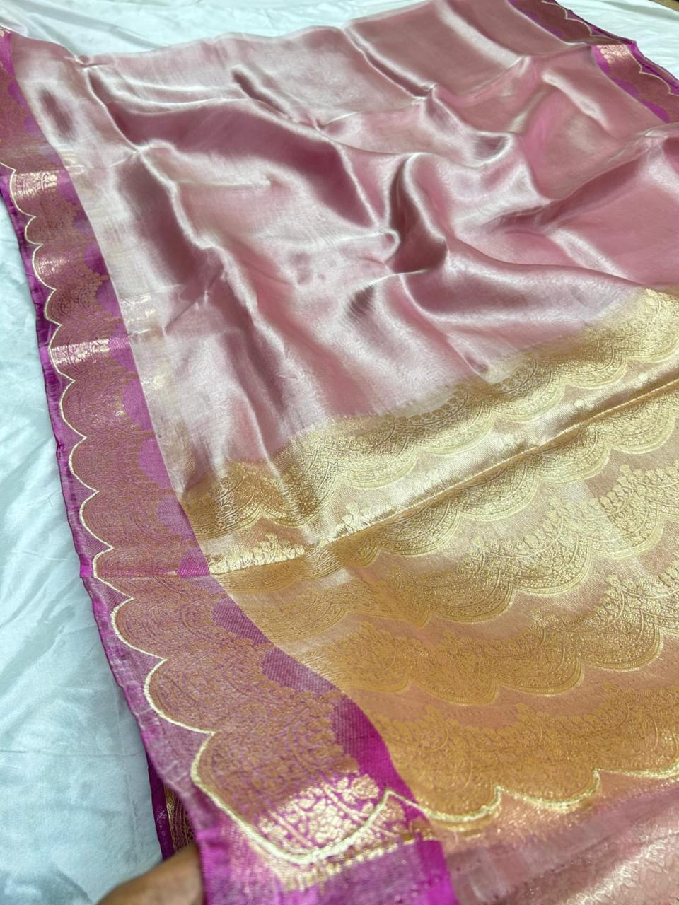 Pre-Draped Pink Banarasi Tissue Silk Saree