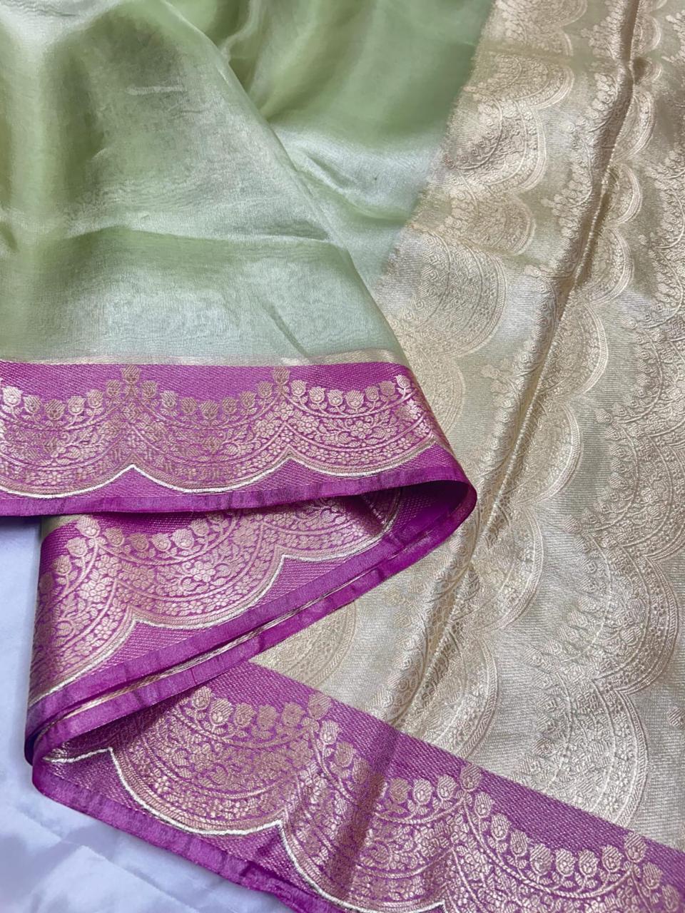 Pre-Draped Olive Green Banarasi Tissue Silk Saree