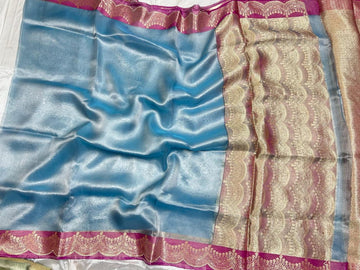 Pre-Draped Sky Blue Banarasi Tissue Silk Saree