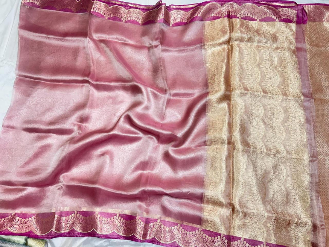 Pre-Draped Pink Banarasi Tissue Silk Saree