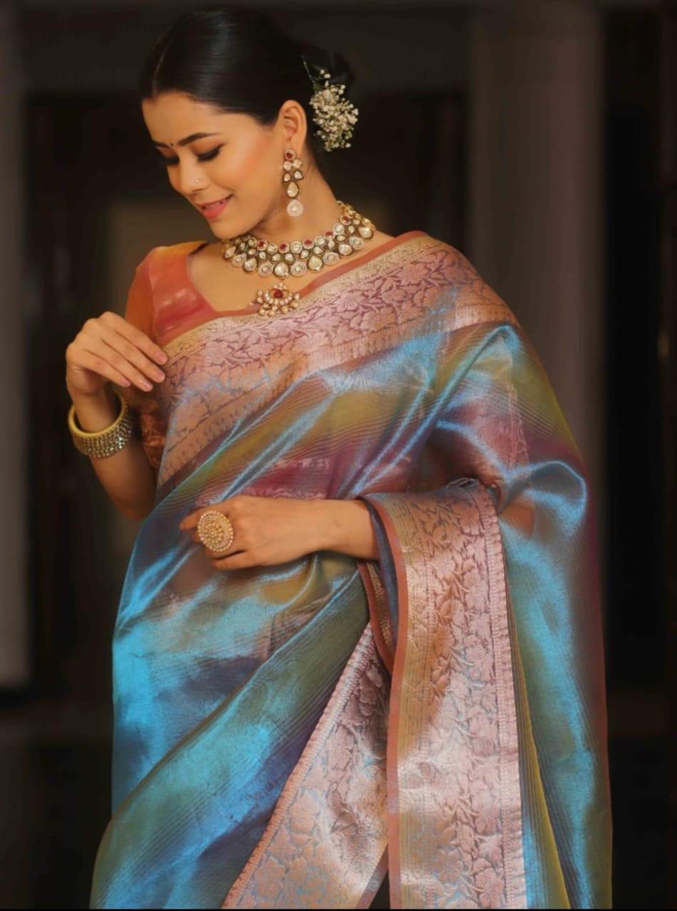 Pre-Draped Rainbow Banarasi Tissue Silk Saree