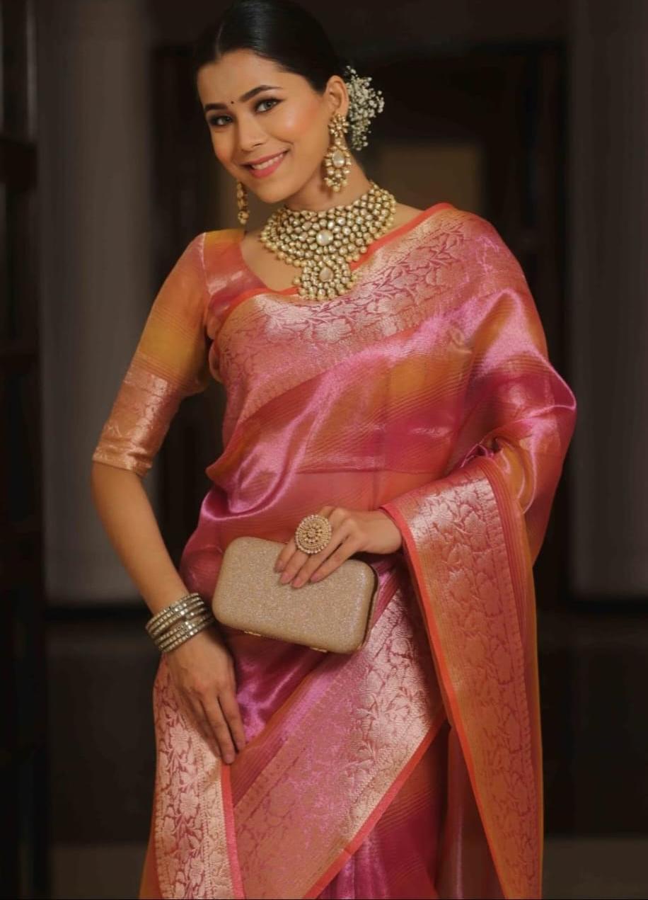 Pre-Draped Rainbow Banarasi Tissue Silk Saree