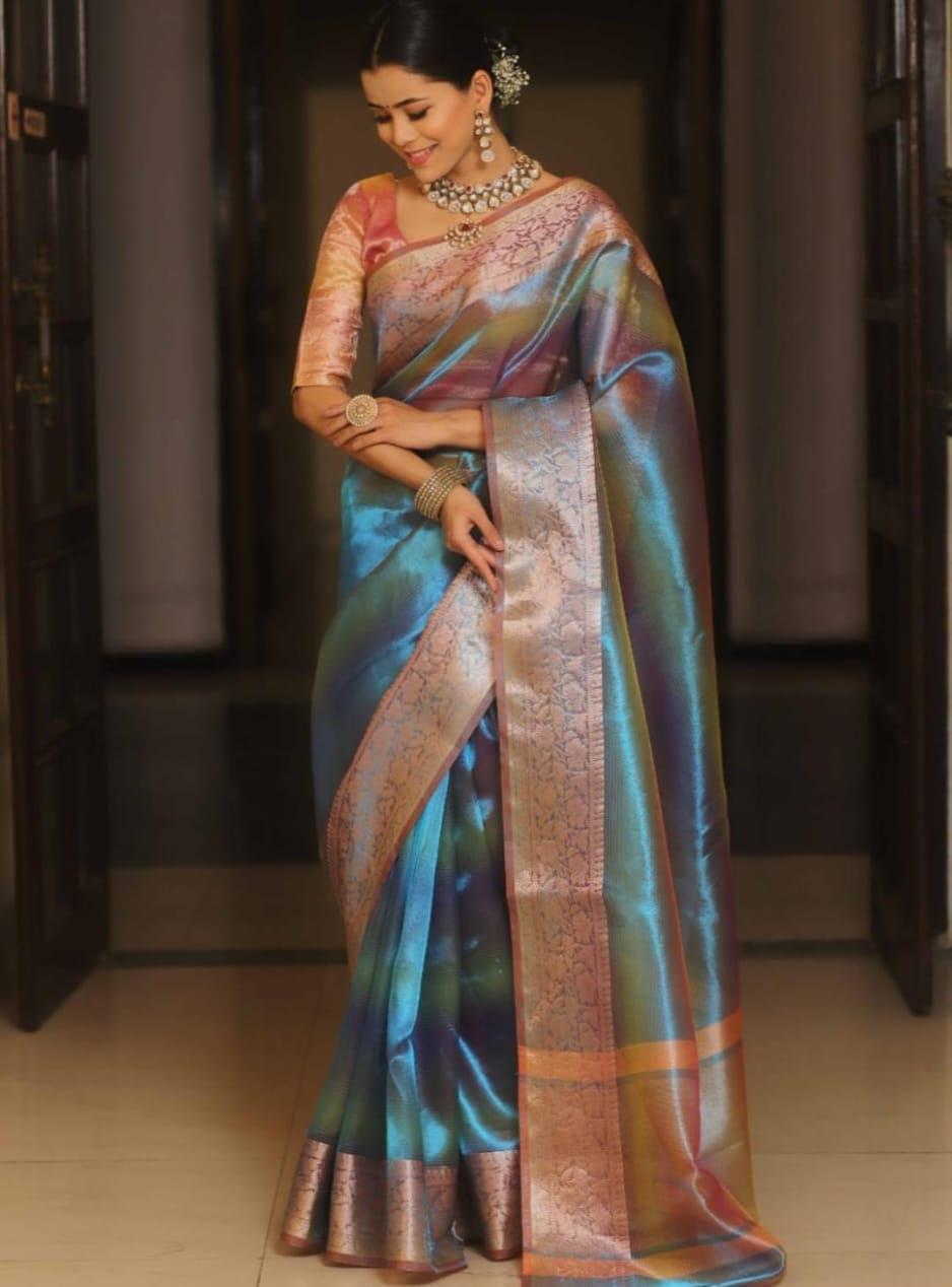 Pre-Draped Rainbow Banarasi Tissue Silk Saree