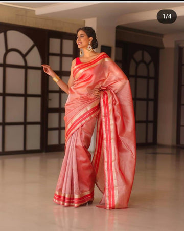 Pre-Draped Salmon Red Banarasi Tissue Silk Saree