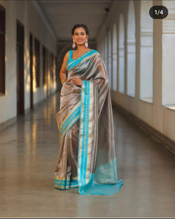 Pre-Draped Gray Banarasi Tissue Silk Saree