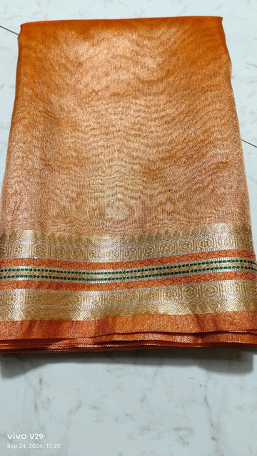 Pre-Draped Orange Banarasi Tissue Silk Saree