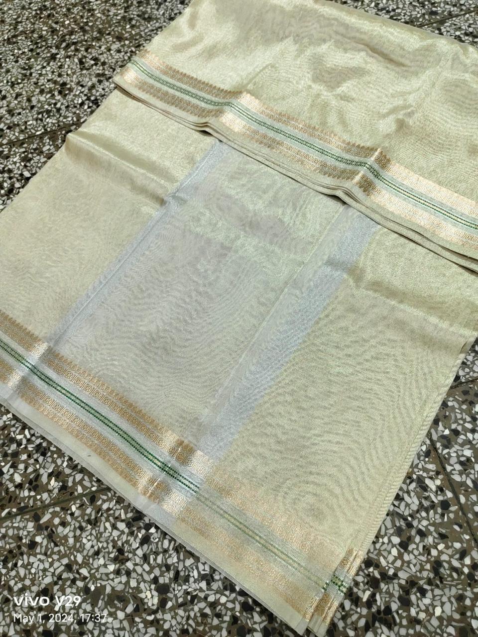 Pre-Draped Cream Banarasi Tissue Silk Saree