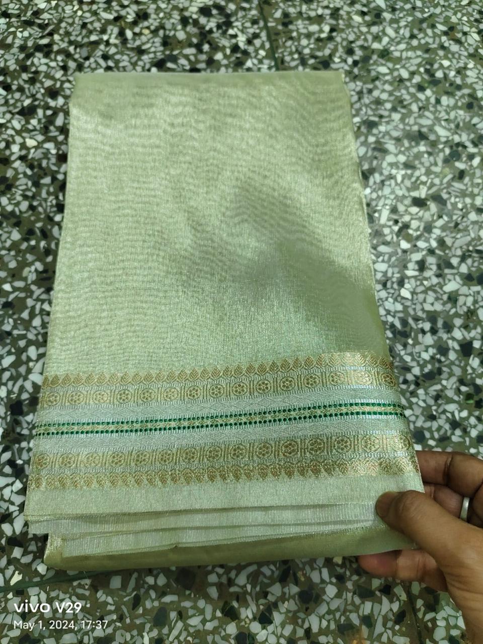 Pre-Draped Mint Green Banarasi Tissue Silk Saree