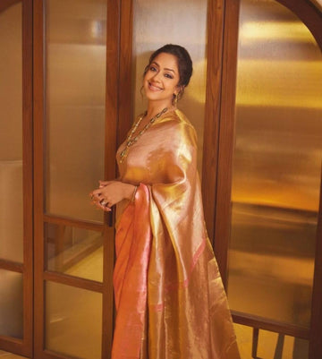 Pre-Draped Dusty Pink Banarasi Tissue Silk Saree