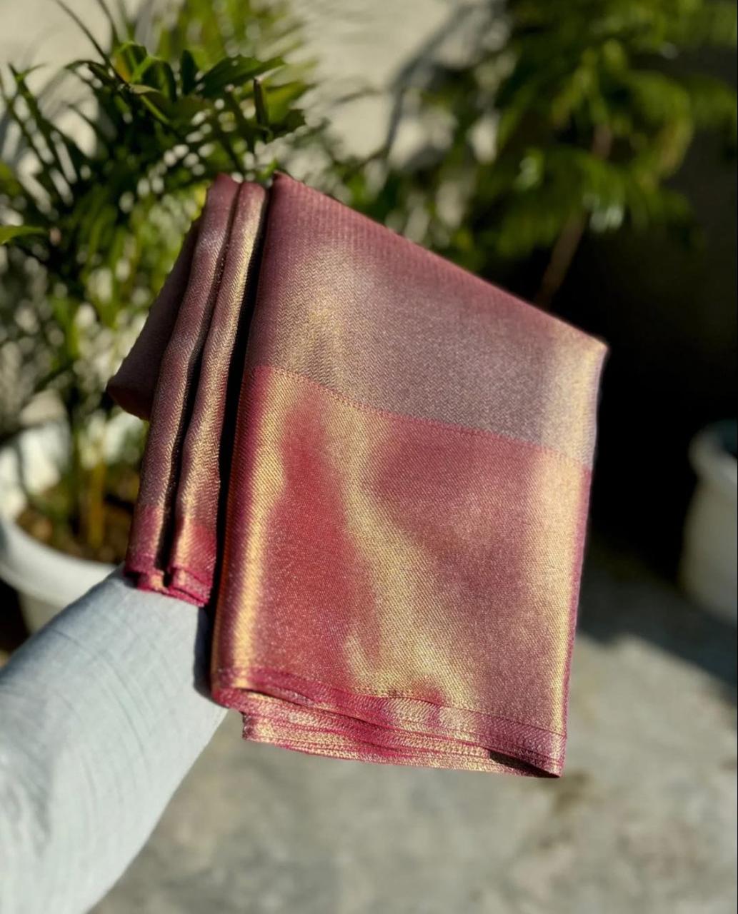 Pre-Draped Dusty Pink Banarasi Tissue Silk Saree