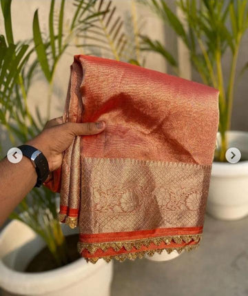 Pre-Draped Orange Banarasi Tissue Silk Saree