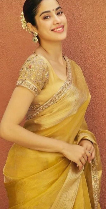 Pre-Draped Yellow Banarasi Tissue Silk Saree