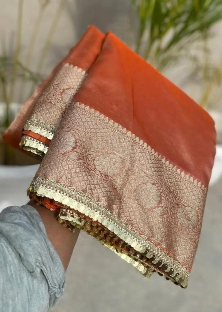 Pre-Draped Orange Banarasi Tissue Silk Saree