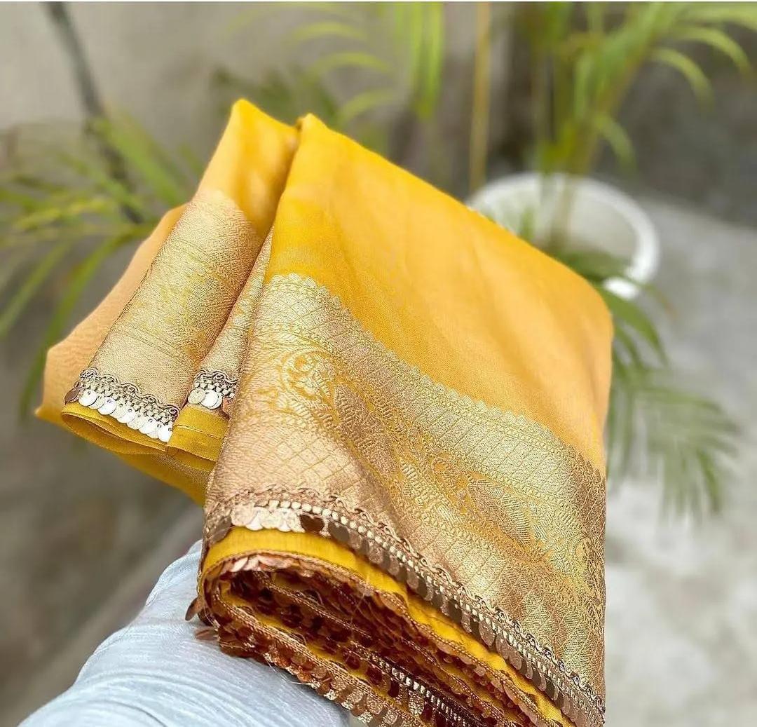 Pre-Draped Yellow Banarasi Tissue Silk Saree