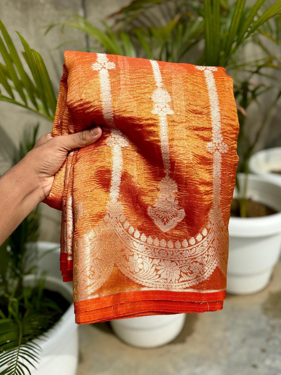 Pre-Draped Orange Banarasi Crush Tissue Katan Silk Saree