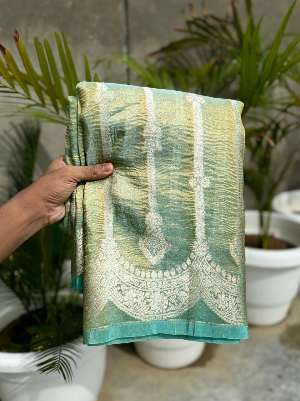 Pre-Draped Sea Green  Banarasi Crush Tissue Katan Silk Saree