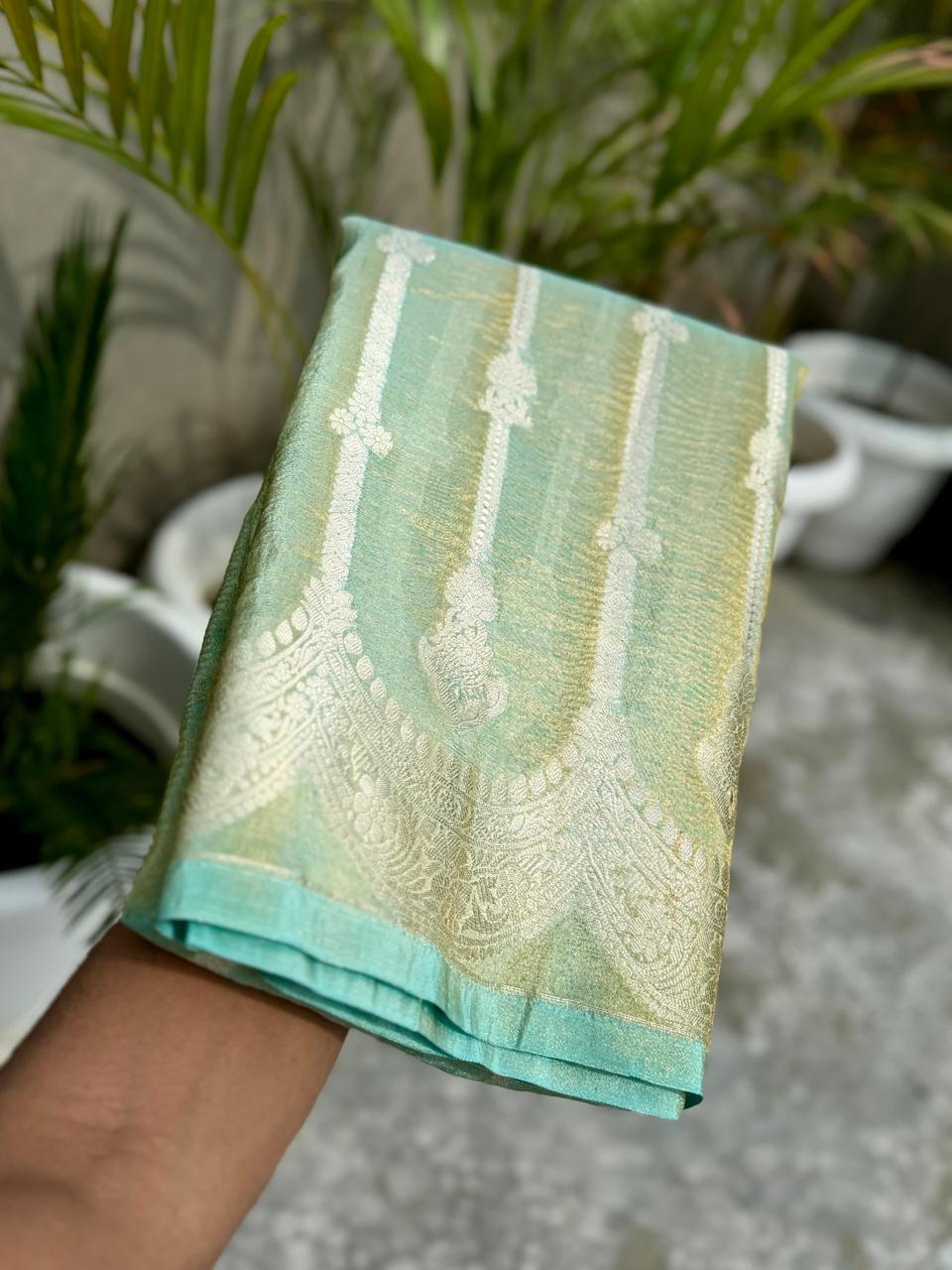 Pre-Draped Sea Green  Banarasi Crush Tissue Katan Silk Saree