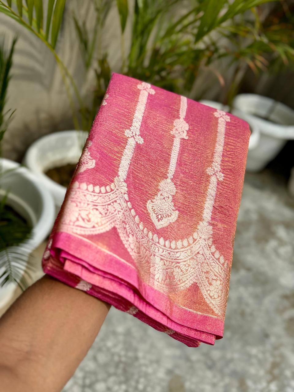 Pre-Draped Pink Banarasi Crush Tissue Katan Silk Saree