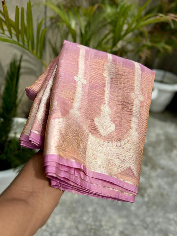 Pre-Draped Lavender Banarasi Crush Tissue Katan Silk Saree