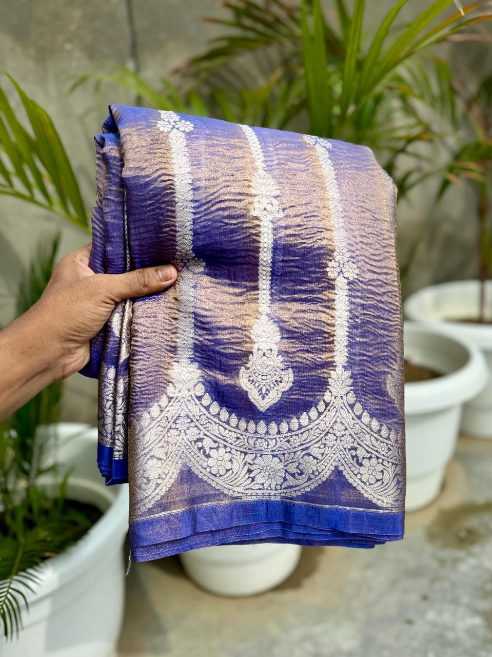 Pre-Draped Violet Banarasi Crush Tissue Katan Silk Saree